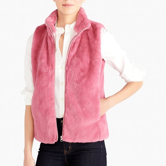 J.Crew Mercantile Guava Berry Faux Fur Zip up Teddy Vest - Picture 6 of 13
